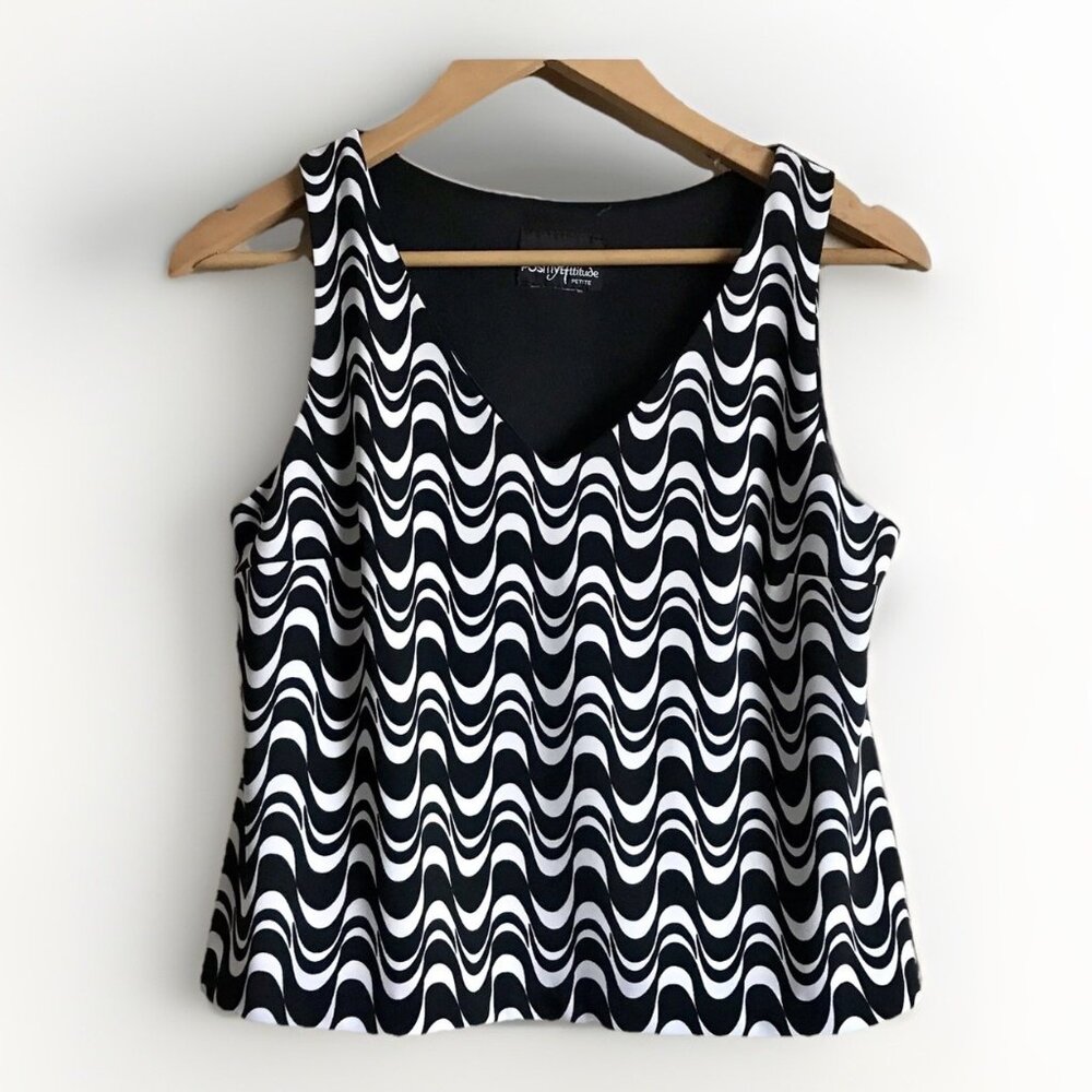 Positive Attitude Women Size P4 Black White Retro Sleeveless‎ Top Blouse